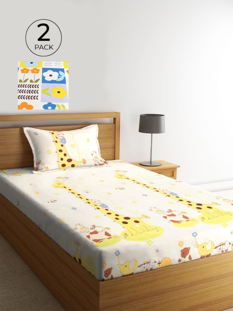 

KLOTTHE Set Of 2 White & Yellow Floral 210 TC Single Bedsheet with 2 Pillow Covers