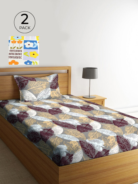 

KLOTTHE Set Of 2 White & Grey Floral 210 TC Single Bedsheet with 2 Pillow Covers