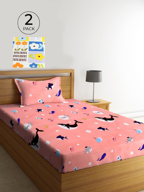 

KLOTTHE Set Of 2 Pink & White Floral 210 TC Single Bedsheet with 2 Pillow Covers