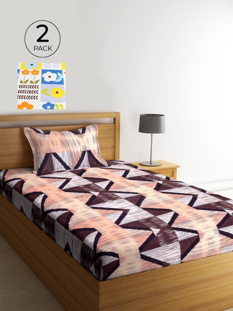 

KLOTTHE Set Of 2 Brown & Yellow Geometric 210 TC Single Bedsheet with 2 Pillow Covers
