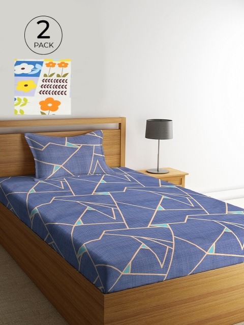 

KLOTTHE Set Of 2 White & Blue Floral 210 TC Single Bedsheet with 2 Pillow Covers