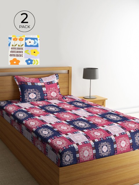 

KLOTTHE Set Of 2 White & Pink Floral 210 TC Single Bedsheet with 2 Pillow Covers