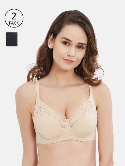 

Soie Pack of 2 Everyday Medium Coverage Non-Padded Wired Seamed Lace Bra, Beige