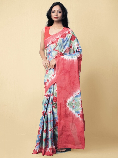 

Unnati Silks Coral & Blue Shibori Handloom Sustainable Pure Cotton Block Print Saree