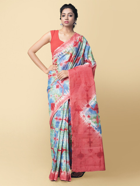 

Unnati Silks Women Coral & Blue Pure Shibori Cotton Saree