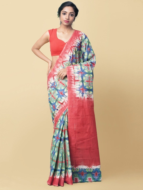 

Unnati Silks Red & White Shibori Pure Cotton Block Print Saree