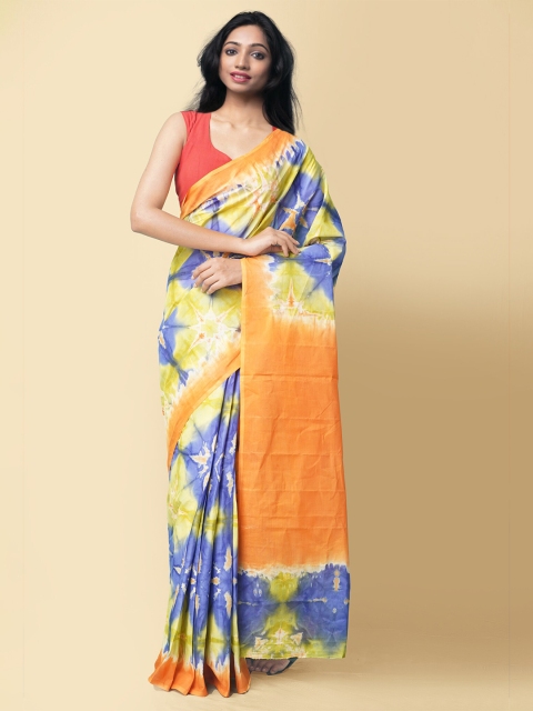 

Unnati Silks Women Orange & Blue Pure Shibori Cotton Sustainable Saree