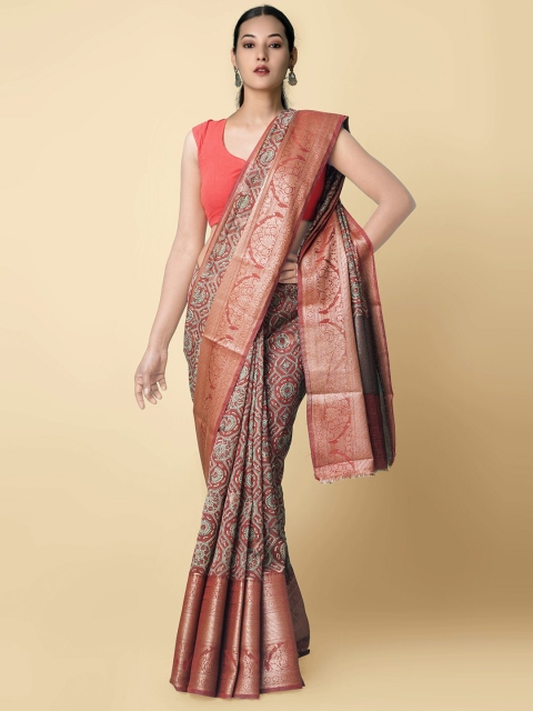 

Unnati Silks Maroon & Gold-Toned Zari Silk Cotton Handloom Sustainable Maheshwari Saree
