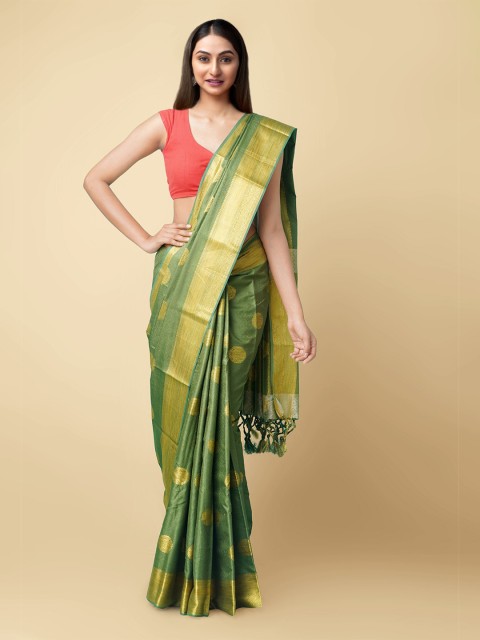 

Unnati Silks Green & Gold-Coloured Woven Design Handloom Zari Art Silk Patola Saree