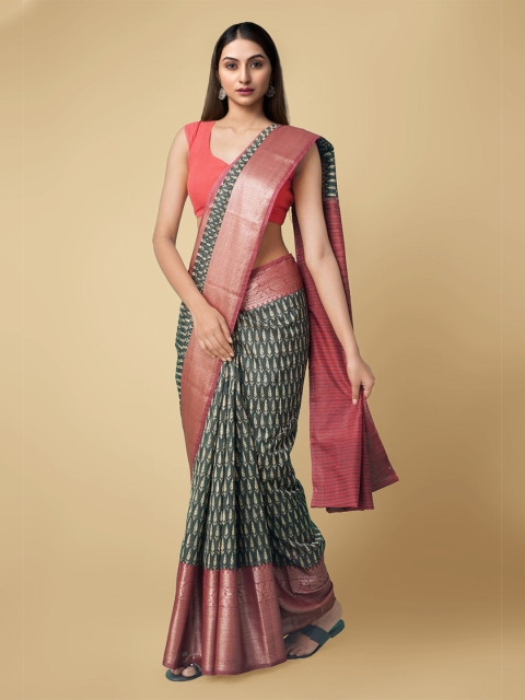 

Unnati Silks Women Green & Maroon Silk Cotton Ajrakh Maheshwari Saree