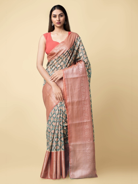 

Unnati Silks Women Grey & Orange Silk Cotton Ajrakh Maheshwari Saree