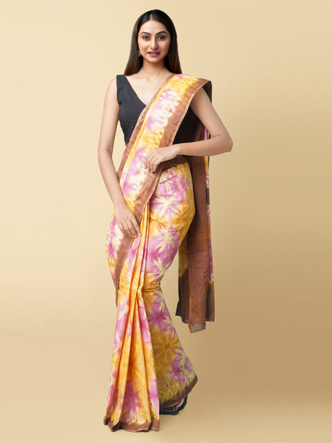 

Unnati Silks Yellow & Pink Tie &Dye Pure Cotton Handloom Sustainable Block Print Saree