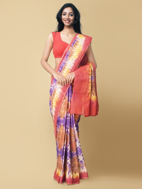 

Unnati Silks Brown & Violet Leheriya Pure Shibori Cotton Block Print Sustainable Saree