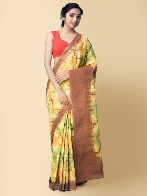 

Unnati Silks Yellow & Brown Leheriya Shibori Pure Cotton Block Print Saree