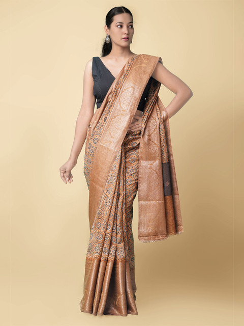 

Unnati Silks Rust & Black handloom Sustainable Silk Cotton Ajrakh Maheshwari Saree