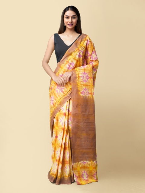 

Unnati Silks Brown & Yellow Tie and Dye Pure Cotton Sustainable Saree
