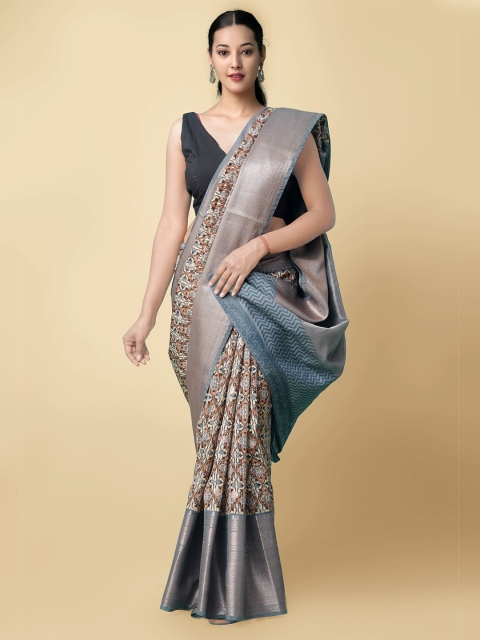 

Unnati Silks Women Cream-Coloured & Blue Silk Cotton Ajrakh Maheshwari Saree