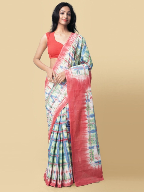 

Unnati Silks Pink & Blue Leheriya Shibori Pure Cotton Block Print Sustainable Saree