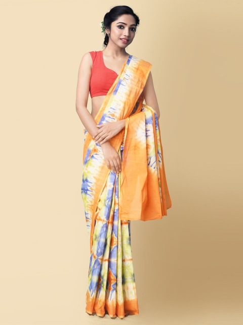 

Unnati Silks Multicoloured Tie & Dye Pure Cotton Handloom Sustainable Block Print Saree, Multi