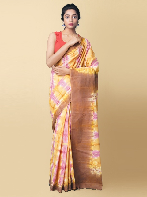 

Unnati Silks Brown & Yellow Leheriya Shibori Pure Cotton Block Print Saree