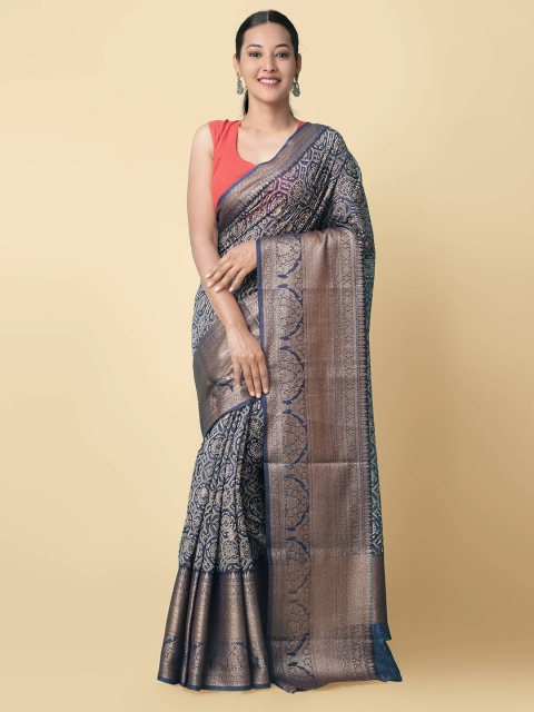 

Unnati Silks Women Navy Blue & Off White Silk Cotton Ajrakh Maheshwari Saree