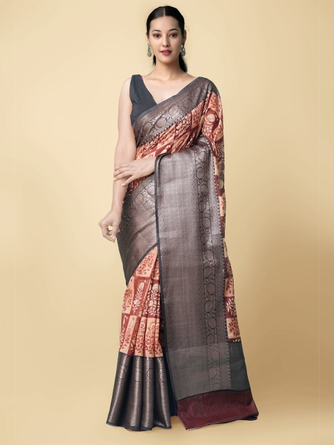 

Unnati Silks Maroon & Peach Zari Silk Cotton Handloom Sustainable Maheshwari Saree