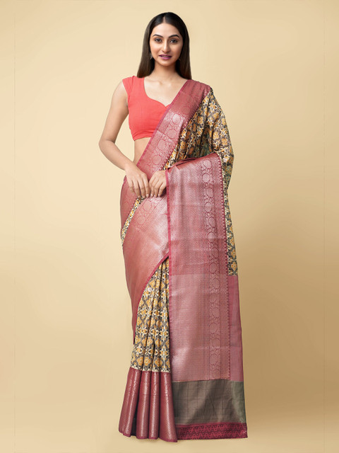 

Unnati Silks Grey & Red Woven Design Silk Cotton Maheshwari Sustainable Saree