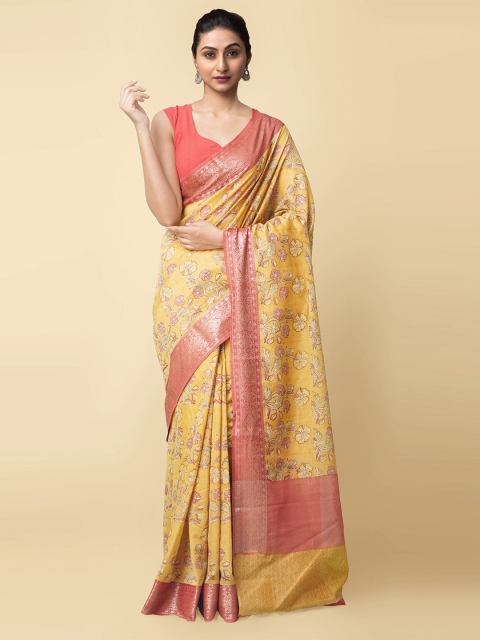 

Unnati Silks Yellow & Pink Floral Handloom Sustainable Silk Cotton Ajrakh Maheshwari Saree