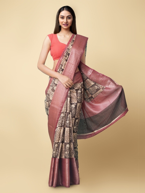 

Unnati Silks Cream-Coloured & Pink Silk Cotton Maheshwari Saree