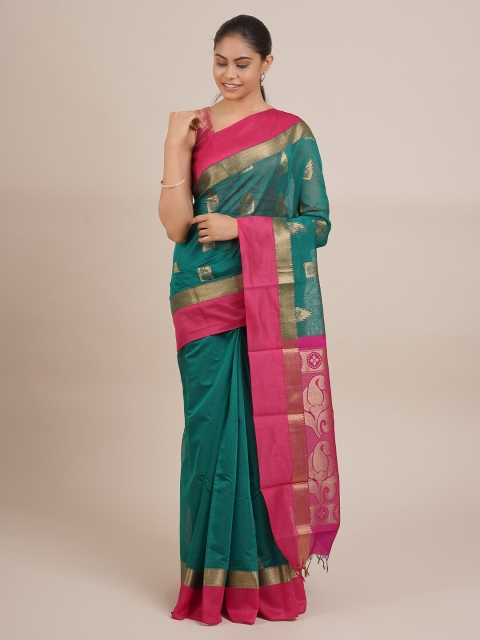 

Pothys Teal Green & Pink Ethnic Motifs Woven Design Zari Silk Cotton Saree