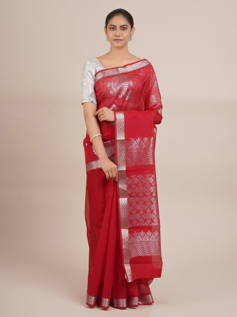 

Pothys Red & Silver-Toned Ethnic Motifs Zari Silk Cotton Saree