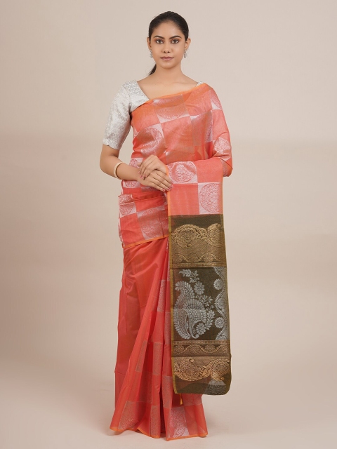 

Pothys Peach-Coloured & Green Ethnic Motifs Zari Silk Cotton Saree