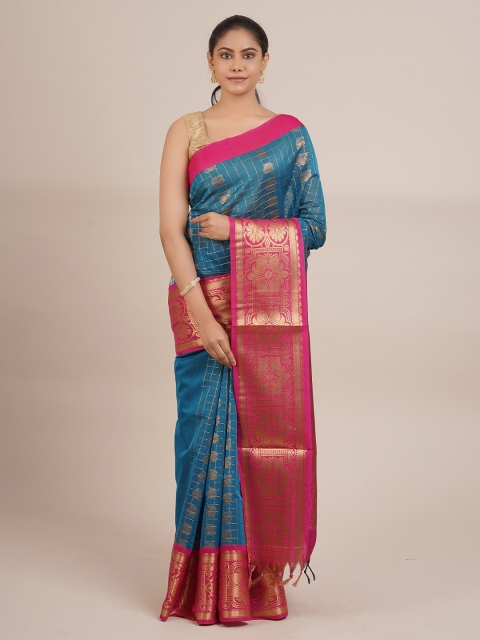 

Pothys Blue & Fuchsia Floral Zari Silk Cotton Saree