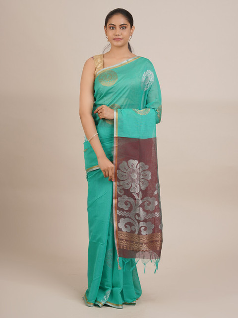 

Pothys Green & Maroon Ethnic Motifs Zari Silk Cotton Saree