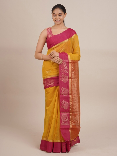 

Pothys Mustard & Pink Floral Zari Silk Cotton Saree