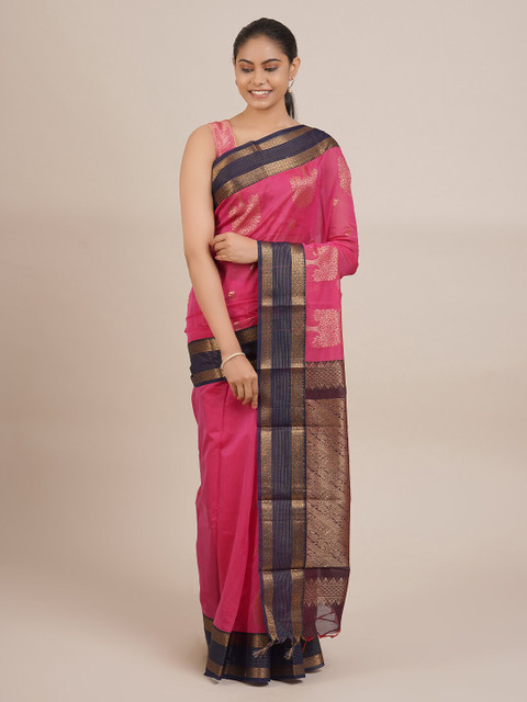 

Pothys Pink & Navy Blue Floral Zari Silk Cotton Saree