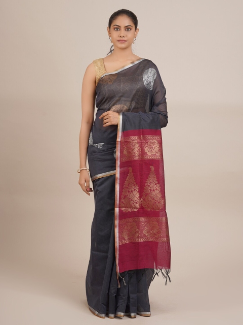 

Pothys Charcoal & Fuchsia Ethnic Motifs Zari Silk Cotton Saree