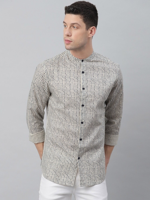 

Dennis Lingo Men Beige & Black Slim Fit Opaque Striped Cotton Casual Shirt