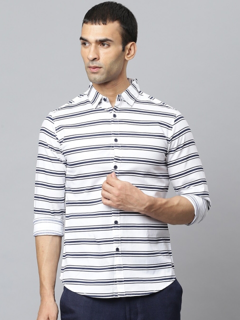 

Dennis Lingo Men White & Black Slim Fit Horizontal Stripes Opaque Cotton Casual Shirt