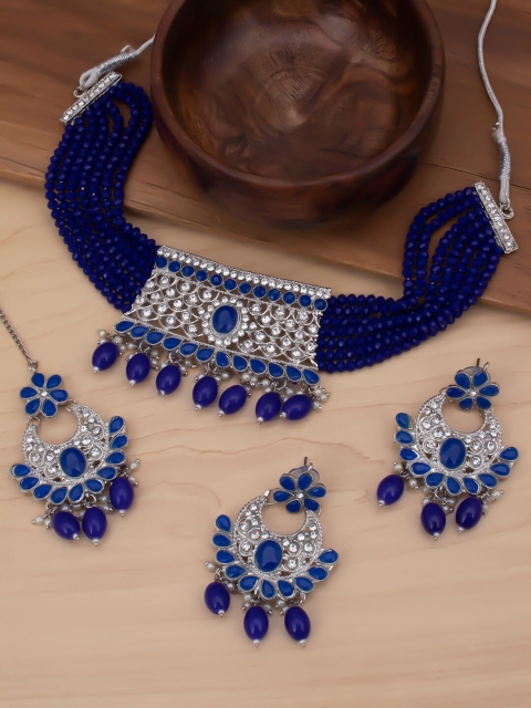 

Sukkhi Rhodium-Plated Blue & White Stone-Studded & Pearl Beaded Jewellery Set