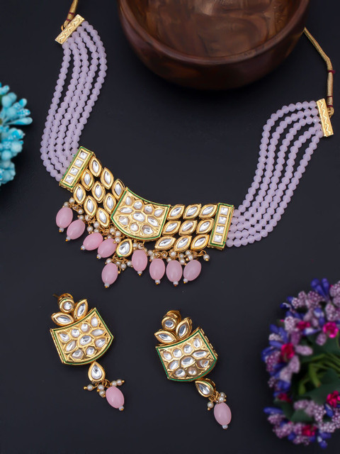 

Sukkhi Gold-Plated White & Pink Kundan-Studded & Beaded Jewellery Set