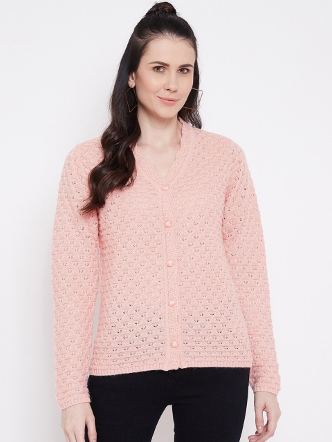 

Madame Women Peach Geometric Self Design Wool Cardigan With Button Detailing