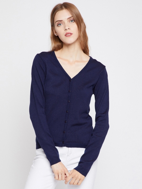 

Madame Women Navy Blue Solid Ribbed Cardigan