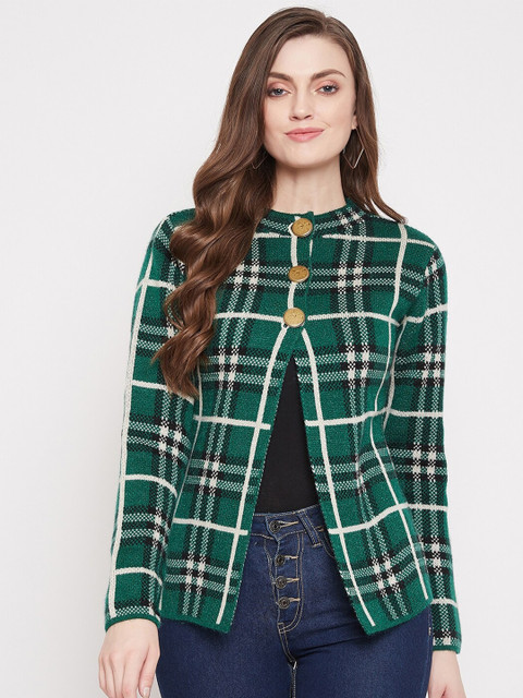 

Madame Women Green & White Checked Printed Cardigan