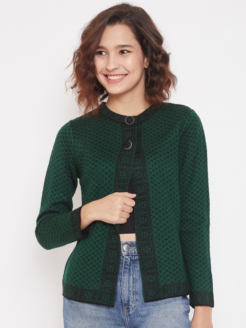 

Madame Women Green & Black Self Design Cardigan