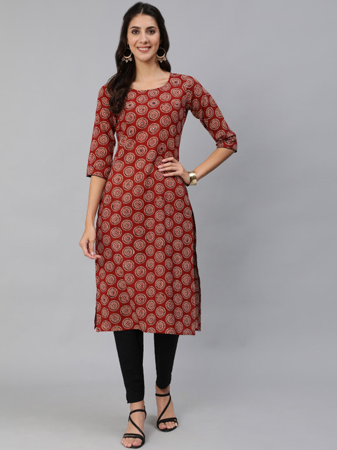 

Nayo Women Maroon & Beige Ethnic Motifs Printed Straight Kurta
