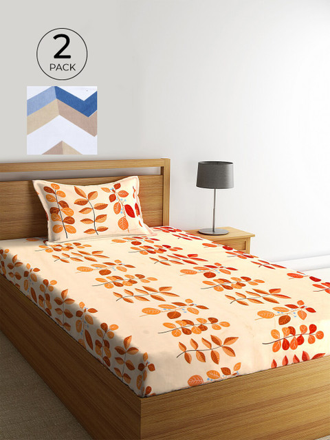 

KLOTTHE Set of 2 Beige & White Floral 210 TC Single Bedsheets with 2 Pillow Covers