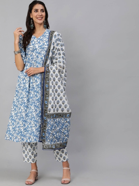 

Nayo Women Blue & White Floral Printed Pleated Pure Cotton Kurta with Trousers & Dupatta