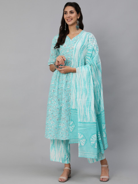 

Nayo Women Blue & White Floral Printed Pleated Pure Cotton Kurta with Palazzos & Dupatta