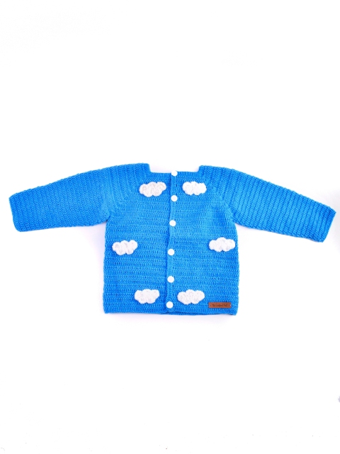 

The Original Knit Unisex Kids Blue & White Cable Knit Ribbed Cardigan with Applique Detail